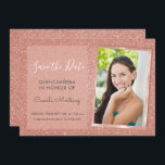 Invitation Rose Gold Parties scintillant Quinceanera Enregist<br><div class="desc">Rose Gold Sparkle Parties scintillant Quinceanera Monogramme Nom et initiale Enregistrer la date Anniversaire Fête Photo Invitation. Cette photo enregistrer la date invitation est parfait pour la Parties scintillant Rose Gold Sparkle Quinceanera Celebration cherchant à célébrer en Rose Rose Or. Vous pouvez mettre à jour la carte d'invitation pour inclure...</div>