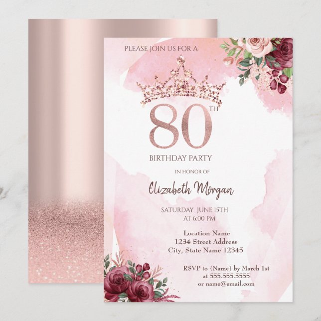 Invitation Rose Gold Parties scintillant Roses Couronne 80e f (Devant / Derrière)