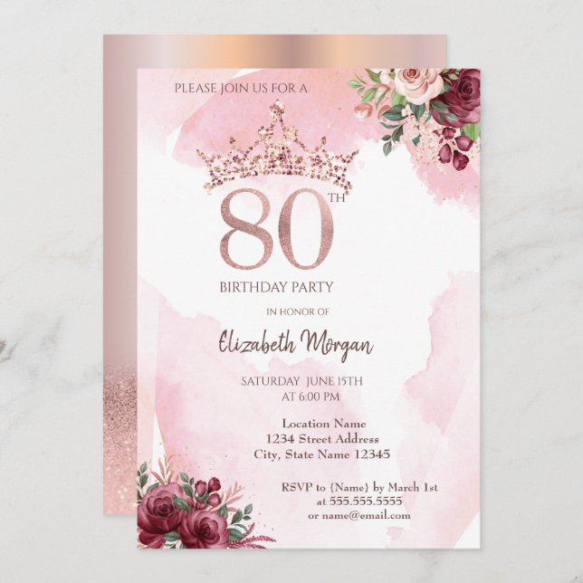 Invitation Rose Gold Parties scintillant Roses Couronne 80e f (Devant / Derrière)