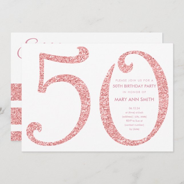 Invitation Rose Gold Parties scintillant Surprise 50e anniver (Devant / Derrière)