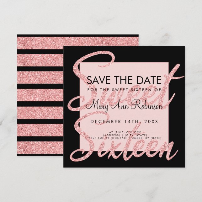 Invitation Rose Gold Parties scintillant Sweet 16 Enregistrer (Devant / Derrière)