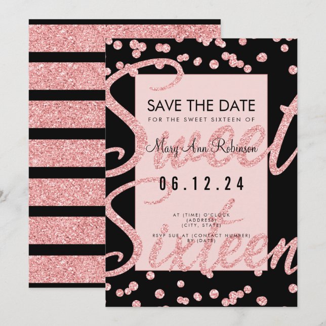 Invitation Rose Gold Parties scintillant Sweet 16 Party Date  (Devant / Derrière)