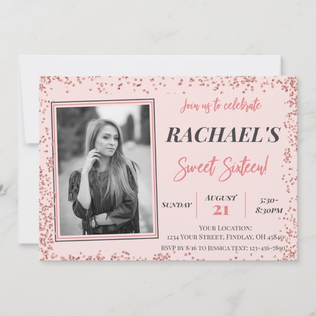Invitation Rose Gold Parties scintillant Sweet sixteen Annive (Devant)