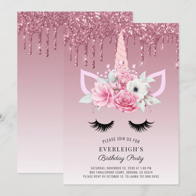 Invitation Rose Gold Parties scintillant Unicorn Anniversaire (Devant / Derrière)