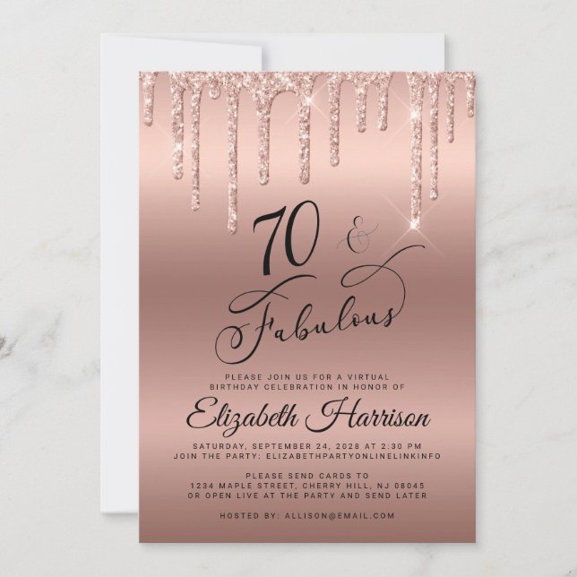 Invitation Rose Gold Parties scintillant Virtual 70th Birthda (Devant)