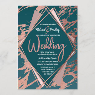 Invitation Rose Gold Peacock Turquoise Marble Diamond Mariage