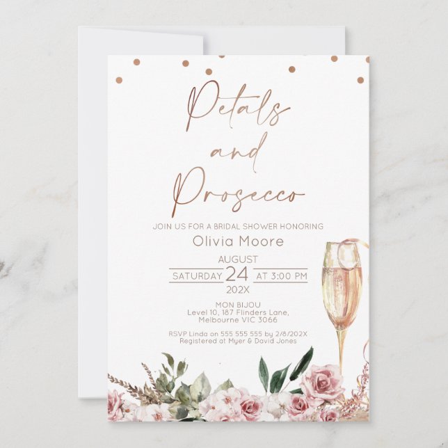Invitation Rose Gold Petals Prosecco Boho Fête des mariées (Devant)