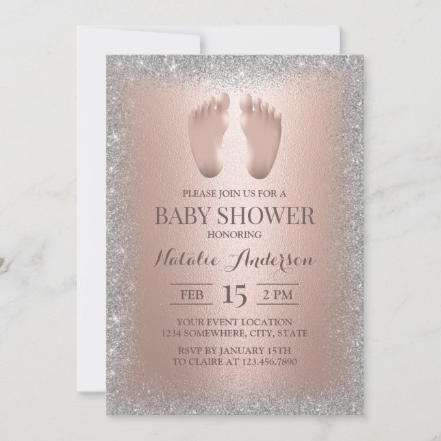 Invitation Rose Gold Pieds bébé Baby shower Parties scintilla (Devant)