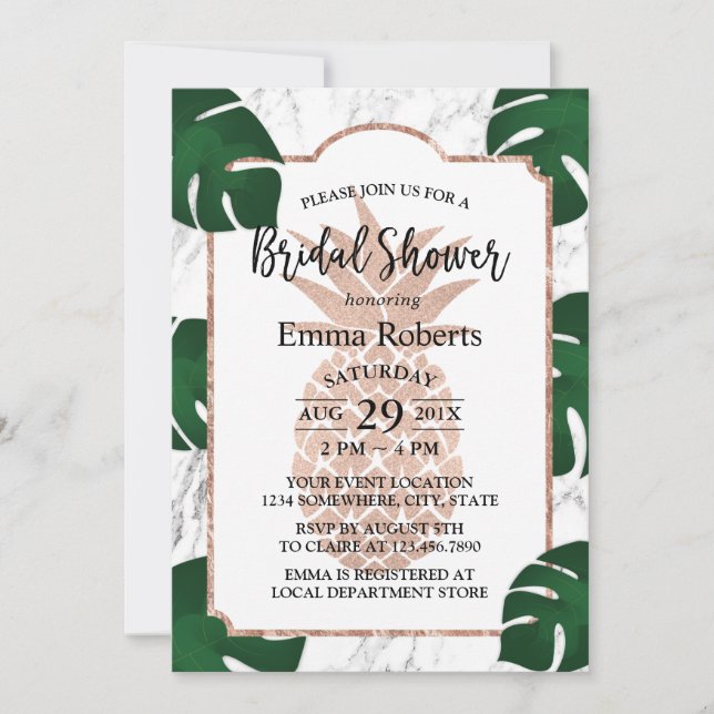 Invitation Rose Gold Pineappy Fête des mariées Marbre tendanc (Devant)
