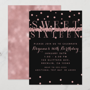 Invitation Rose Gold Pink & Black Modern Glam Sweet 16 Party