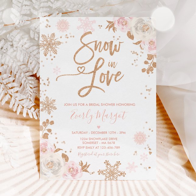 Invitation Rose Gold & Pink Fête des mariées d'hiver neige en (Créateur téléchargé)