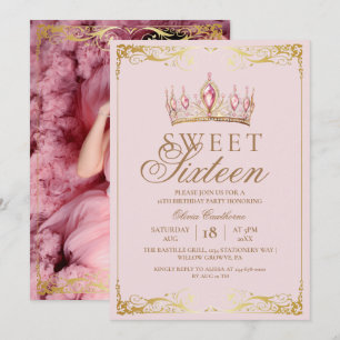 Invitation Rose Gold & Pink Sweet 16 Couronne Anniversaire Ph