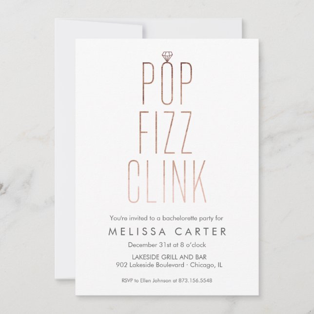 Invitation Rose Gold Pop Fizz Clink Bachelorette Faux Foil (Devant)