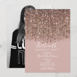 Invitation Rose Gold Poudré Fuschia Paillettes Photo Annivers