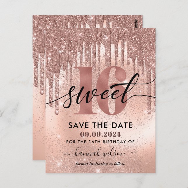 Invitation rose gold pour fête d'anniversaire 16 a (Devant / Derrière)