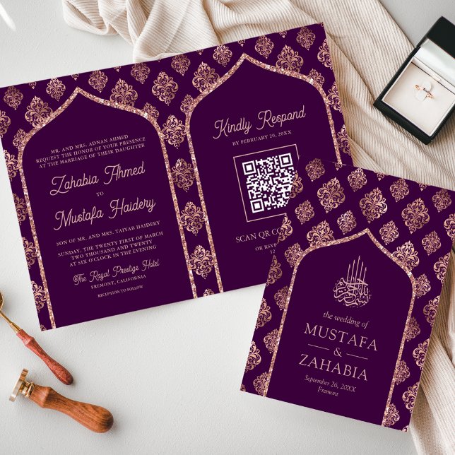 Invitation Rose Gold Pourpre Foncé Damassé Arche Code QR Musu (Créateur téléchargé)