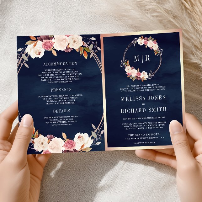 Invitation Rose Gold Poussière Rose Floral QR Code Nuit Maria (Créateur téléchargé)
