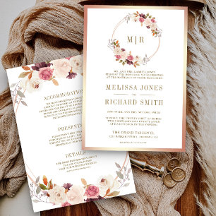 Invitation Rose Gold Poussière Rose Floral Tout en Un Mariage