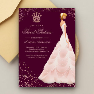 Invitation Rose Gold Princesse Robe Plum Sweet sixteen