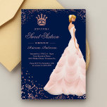 Invitation Rose Gold Princesse Robe Sweet sixteen bleu<br><div class="desc">Invitation vos invités avec cette belle invitation sweet sixteen avec une jolie fille en robe rose avec typographie moderne. Ajoutez simplement les détails de votre événement sur ce modèle facile à utiliser pour en faire une invitation unique. Retournez la carte pour révéler une texture de parties scintillant d'or faux rose...</div>