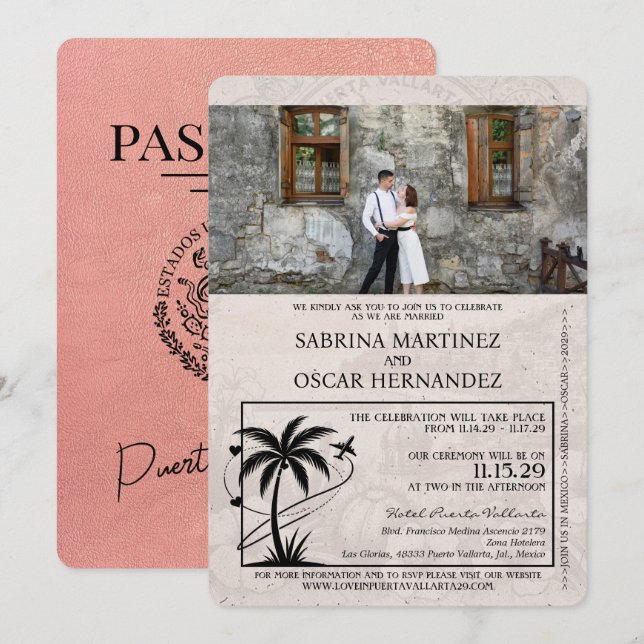 Invitation Rose Gold Puerta Vallarta Mariage de passeport (Devant / Derrière)