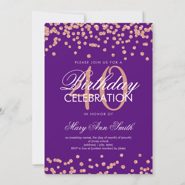 Invitation Rose Gold Purple 40e anniversaire Parties scintill (Devant)