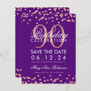 Invitation Rose Gold Purple 90e anniversaire Date de sauvegar