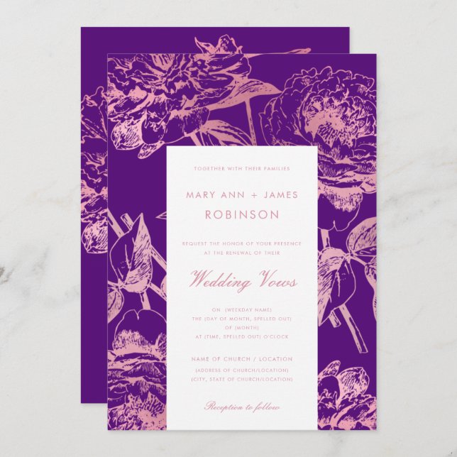 Invitation Rose Gold Purple Floral Mariage Vow Renouvellement (Devant / Derrière)