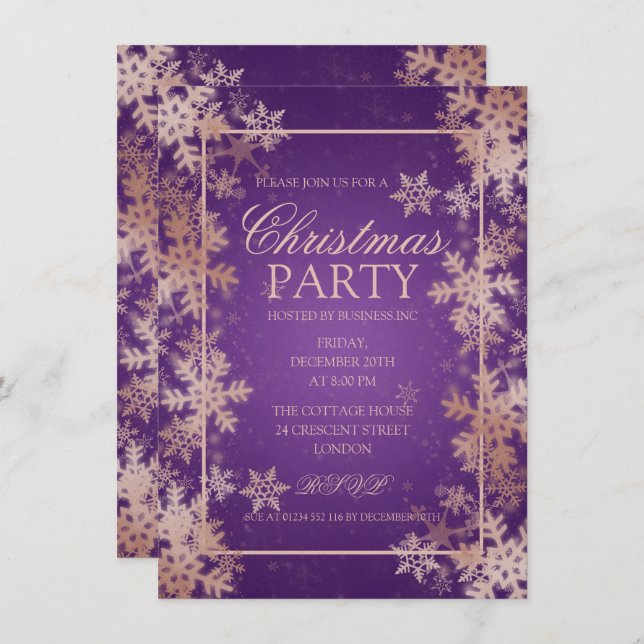 Invitation Rose Gold Purple Foil Foyers de neige fête de Noël (Devant / Derrière)