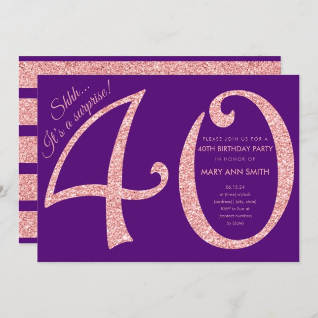 Invitation Rose Gold Purple Parties scintillant Surprise 40e  (Devant / Derrière)