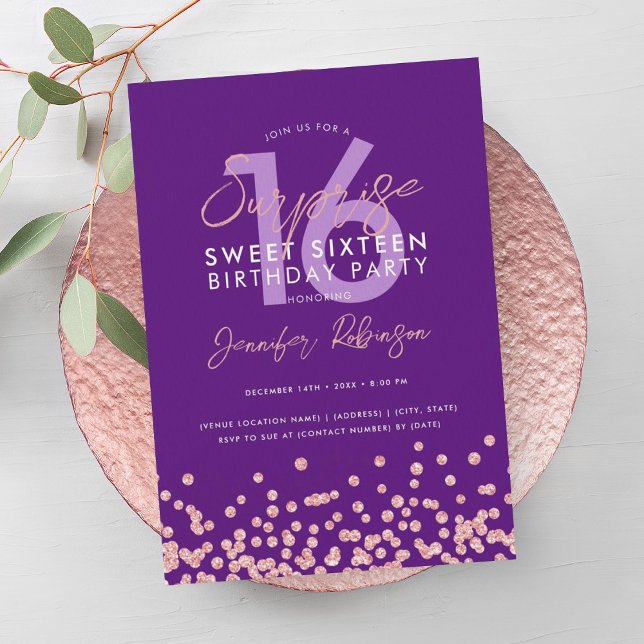 Invitation Rose Gold Purple Parties scintillant Surprise Swee (Rose Gold Purple Glitter Surprise Sweet 16 Invitation)