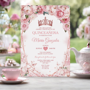 Invitation Rose Gold Quinceañera Crown Butterfly 15 Anos