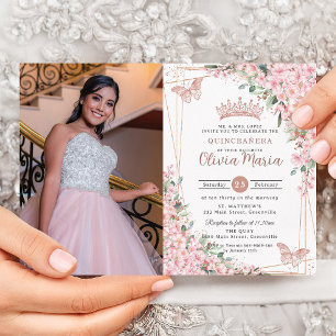 Invitation Rose Gold Quinceañera en fleurs de cerisiers roses