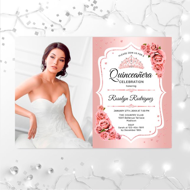 Invitation Rose Gold Quinceanera Party avec photo (Créateur téléchargé)