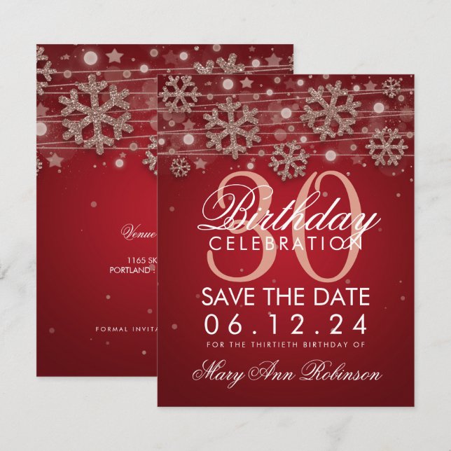Invitation Rose Gold Red 30th Birthday Save Date Winter (Devant / Derrière)