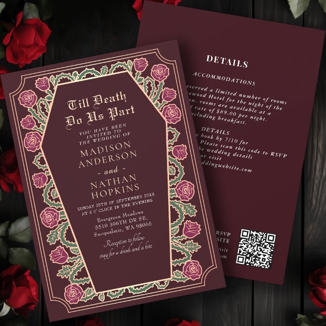 Invitation Rose Gold Red Gothique Coffin Mariage QR Code (Créateur téléchargé)