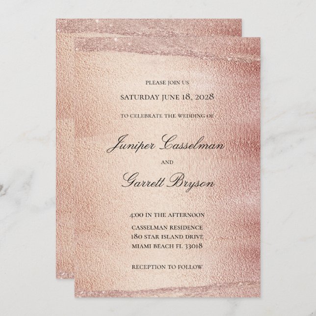 Invitation Rose Gold Rhapsody Mariage Elegant Sparkling Gold (Devant / Derrière)