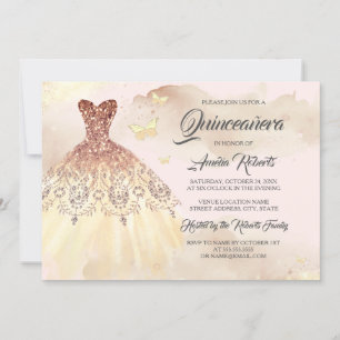 Invitation Rose Gold Robe Or Rose Fleur d'Eau Quinceanera