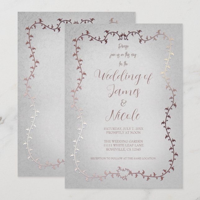 Invitation Rose Gold Rose Botanique Feuilles Mariage Conte de (Devant / Derrière)