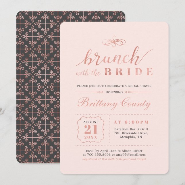 Invitation Rose Gold & Rose | Élégant Repas de Mariage de Mar (Devant / Derrière)