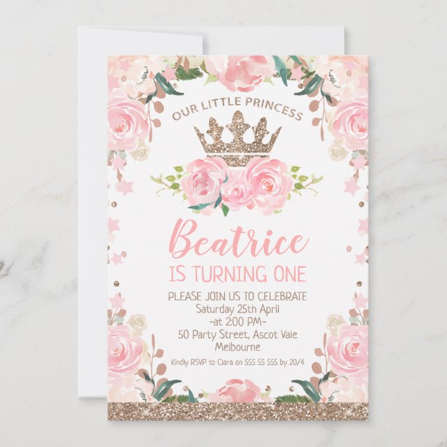 Invitation Rose Gold Rose Floral Princess Crown 1er anniversa (Devant)