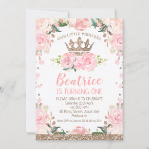Invitation Rose Gold Rose Floral Princess Crown 1er anniversa