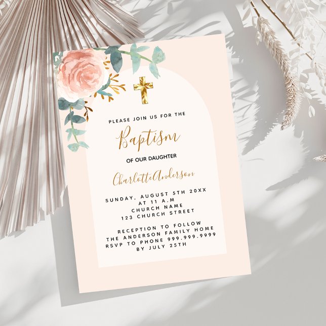 Invitation Rose gold rose florale fille croix Baptême (Créateur téléchargé)