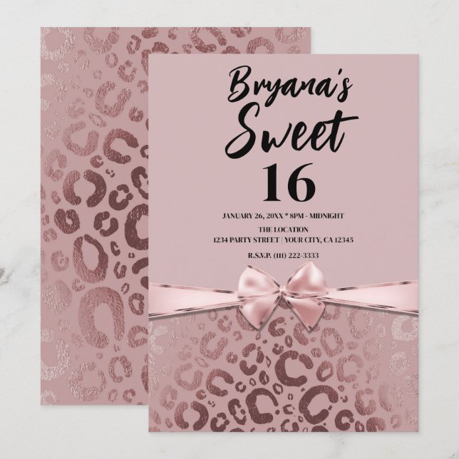 Invitation Rose Gold Rose Glamour Imprimé Léopard Sweet 16 (Devant / Derrière)