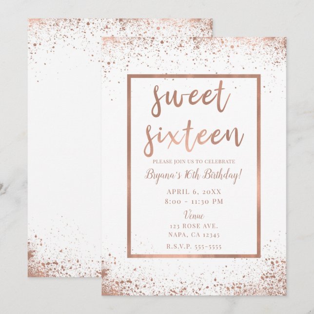 Invitation Rose Gold Rose Glamour Moderne Chic Douce 16 (Devant / Derrière)