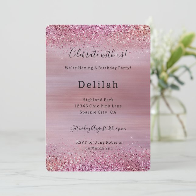 Invitation Rose Gold Rose Glitzy Glitter Anniversaire (Debout devant)