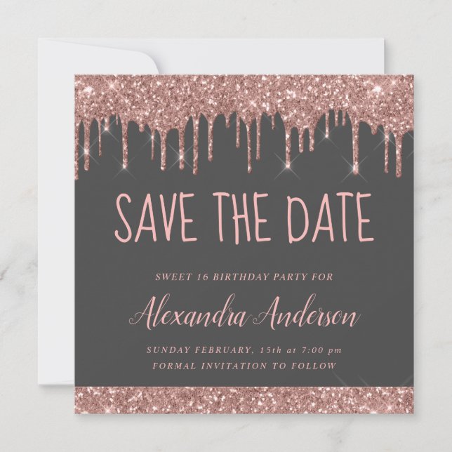 Invitation Rose Gold rose Grey Parties scintillant Sweet 16 E (Devant)