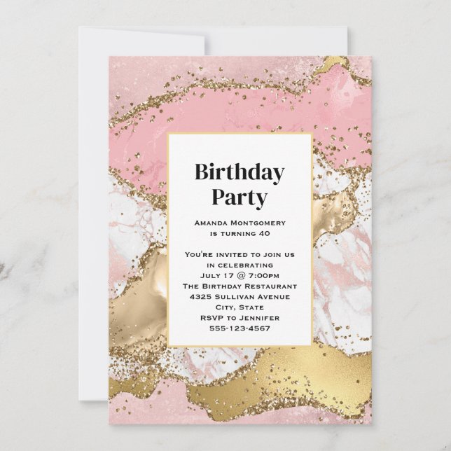 Invitation Rose Gold Rose Marbre Abstrait Anniversaire (Devant)