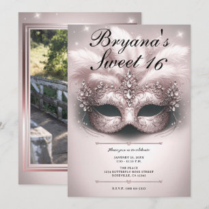 Invitation Rose Gold Rose Mascarade Douce 16 Photo Anniversai