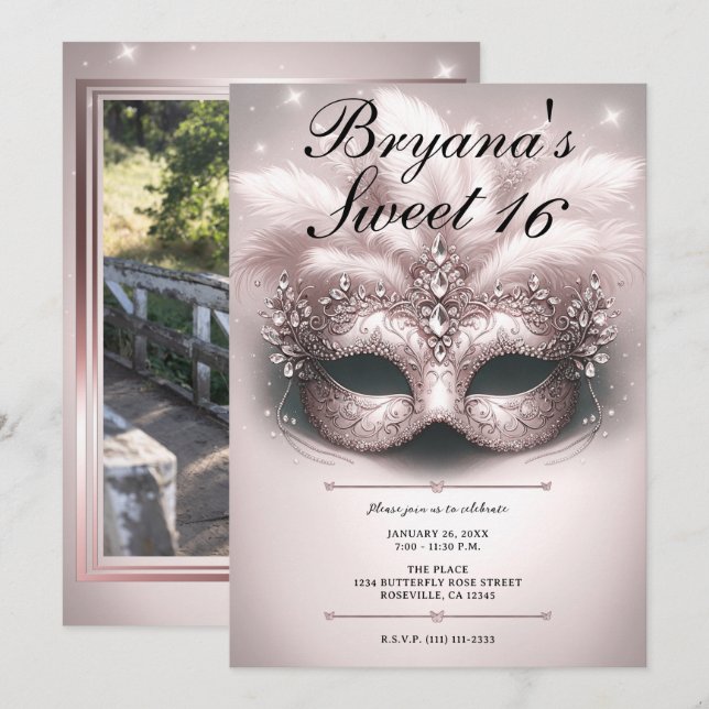 Invitation Rose Gold Rose Mascarade Photo Anniversaire 16 Ans (Devant / Derrière)